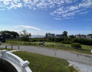 A view of the ocean from an outside area.