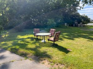 A table and two chairs in the middle of a yard.