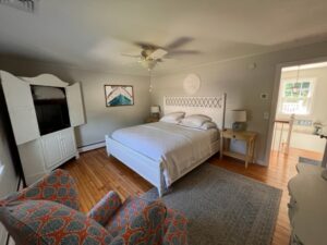 A bedroom with a bed, chair and television.