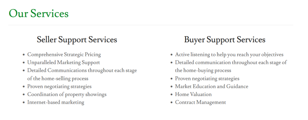 A page of the listing for real estate services and buyer support.