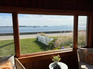 A view of the ocean from inside a house.